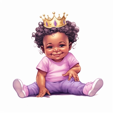 A black baby girl with gold crown, dressed in lavender, lavender sneakers, smiling, sitting down, cartoon, watercolor clipart