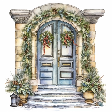 Front Door with Christmas style by Lucy Fleming, watercolor, smooth gradients, black contour outline, ultra detailed, clipart elements, delicate pastel colors, solid white background, super clear, high quality