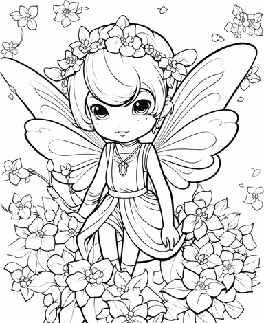 asian Cherry Blossom Fairy, with wings, surrounded by blooming cherry blossom trees, Kawaii for a childrens book, cartoon style, thick lines, black and white, no shading, line drawing illustration, no kid faces, no duplicate faces, blurry, drawing, cartoon, illustration, painting, concept art, cgi, unreal, anime, black&white, b&w, picture frame, deformed, bad anatomy, disfigured, poorly drawn face, mutation, mutated, extra limb, poorly drawn hands, done by bad-artist, ugly, dazed, 3D render, 3D 