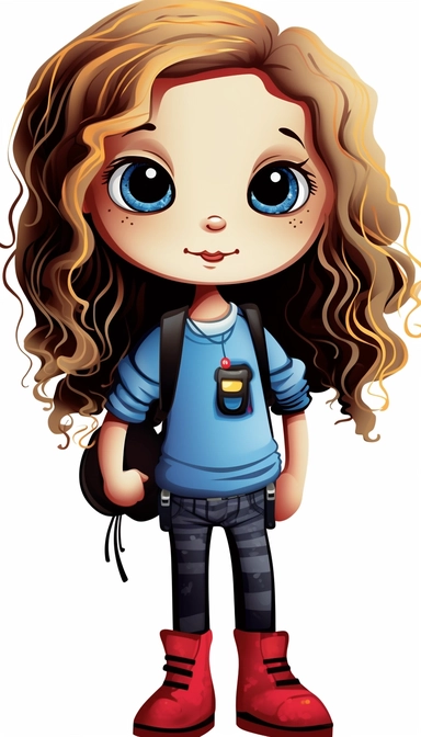a little girl doll style, fashion clothes, black contour, sneaker, long curly hair, cartoon character, clipart, big eyes, disney, sarah kay,