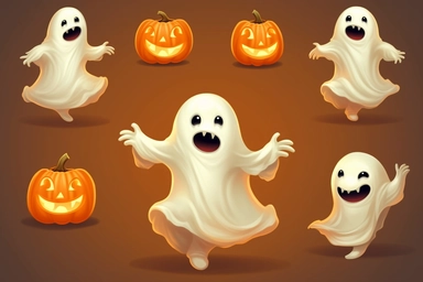 Cute ghost. Happy halloween ghosts characters, spooky expression creature. Funny scary magic demon with pumpkin, mystery creative nowaday vector clipart, realistic, full frame, very detailed