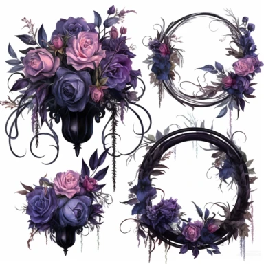 Step into a world where the ethereal beauty of watercolors meets the dark allure of Gothic aesthetics. Create an extraordinary collection of Gothic floral arrangements in clipart form, each brushstroke capturing the delicate balance between light and shadow. Infuse the artwork with elements inspired by Gothic literature and art, intertwining roses, thorns, and dark foliage with intricate details like antique keys, winding vines, and elegant candelabras. Choose a vivid color palette that juxtapos