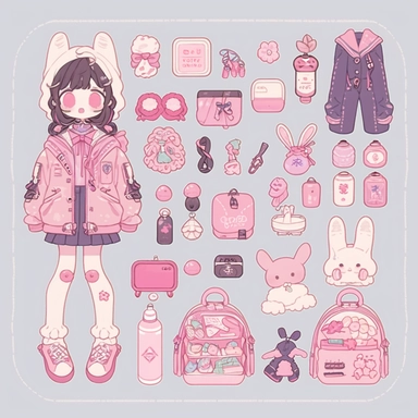 a girl that is standing in front of a bunch of stuff,trending on deviantart,character sheet,???,embrace porcelain doll,everything fits on the screen,highly detailed object content,secret,knolling,clipart icon,anime,first aid kit,bunny