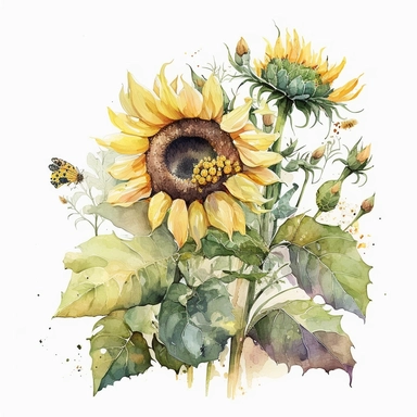 watercolor wild sunflower clipart, in a reef, holiday, summer, no caption, white background, cheerful, happy, cute