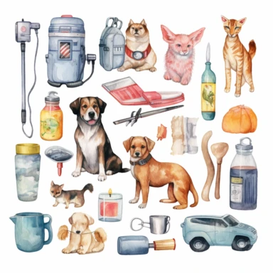Watercolor clip art on white background,a variety of vet office collection, various sizes, , arranged artistically on a clean white background, focus on intricate details and displaying unique patterns and colors, soft shadows cast on the background, high-resolution image with vibrant and true-to-life colors, perfect for print or digital use