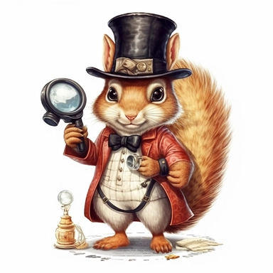 Adorable cute fantasy squirrel dressed like a detective, nursery art, clipart image, lineart image, white background, very detailed, 8k