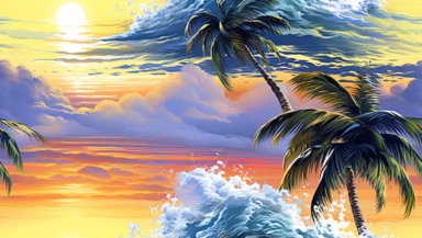 artwork graphic of majestic palm tree in painting style of Leonid afremov, island, sea waves, water splashes, white background, highly detailed clean, vector image, photorealistic masterpiece, professional photography, realistic, flat white background, isometric, vibrant vector, clipart, illustration, realism, 4k, surrealism, cinematic, front view, white background, tshirt design