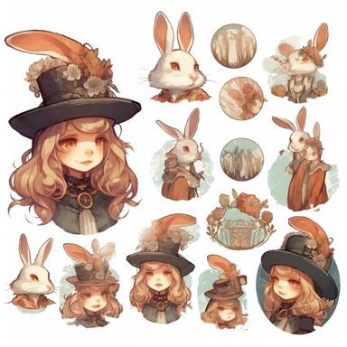 a set of clipart of a bunny, hat and flower, in the style of kawacy, expressive character designs, white and amber, gigantic scale, subtle ink application, hall of mirrors, mottled,equal spacing between each element and no overlapping