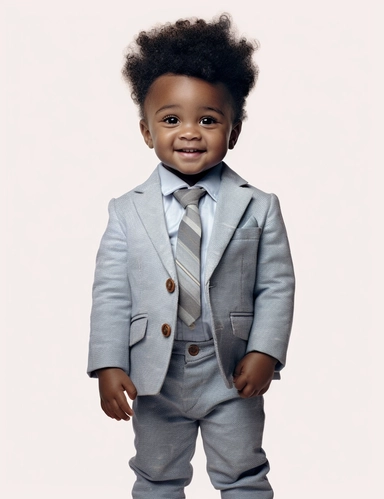 hasselblad 24 mm full body shot of a gorgeous african american baby boy very well dressed with Blue Eyes, clipart, Composition: Relaxed position with intricate high hairstyle, smiling, Style: Rococo, white background, hyperrealism, 32k