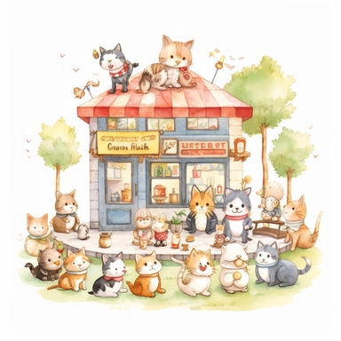 watercolor, Pet Café: Illustrate a cartoon featuring a pet-friendly café where people can enjoy drinks and treats while surrounded by cute and friendly pets. png Full body realistic cartoon in 32K UHD cute. 15 cm thick outline. Black color. There was no shadow on the ground. 8k with realistic watercolors and detailed illustrations. PNG clipart, transparent white background