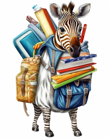 detailed watercolor Baby Zebra with a school bag , hyper realistic, isolated on a white background, clipart