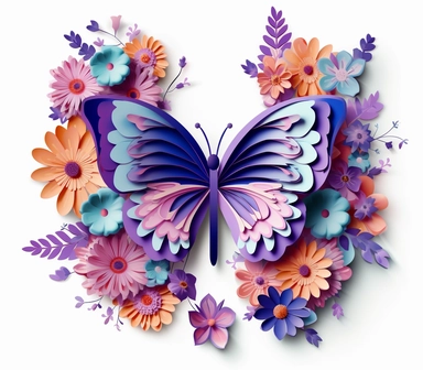 Beautiful 3D Paper Cut Effect Flower Butterfly Sublimation Clipart,Cartoon, hyper realistic, intricate detail, illustration style,high solution,on the white background , 32k resolution, ultra high definition