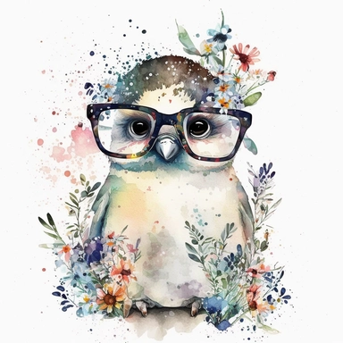 Winter, christmas, white background, watercolor, adorable baby penguin with glasses, clipart, colorful, floral, winter flowers