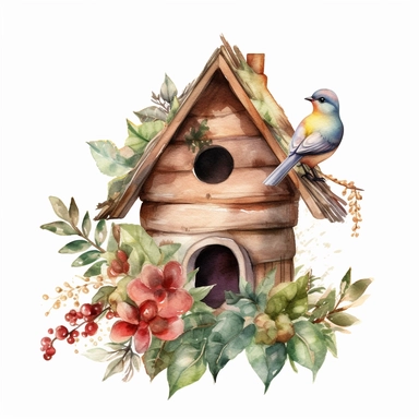 Watercolor christmas decorated birdhouse clipart, shabby chic style, realistic and highly detailed, on white background, HQ, HD