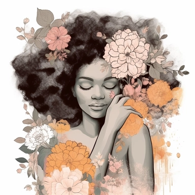Clip art, low detail, Black Woman with Afro, Self-Acceptance and Serenity mood, Soft and Gentle color palette, Illustration of a serene black woman embracing herself with an afro, florals, expressing the affirmation I embrace my authentic self with compassion vector, contour, white background, clipart