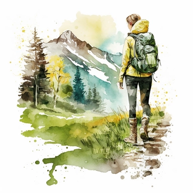 water color girl hiking in Austria between high mountains at spring, fresh green colors, she is wearing boots and backpack, realistic look, with trees at yellowstone park, clipart, hd, white background