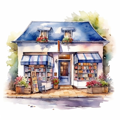 watercolor book store clipart, highly detailed, white background