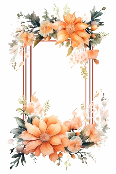 watercolor clipart of a empty suttle dainty floral rectangle frame surrounded by peach color flowers. Capture the essence of blooming beauty and intricate details in your artwork, white background