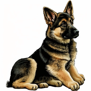 A German Shepherd puppy is a loyal and intelligent breed of dog. They are courageous and protective of their family. They are known for their friendly and outgoing personalities, and their strong sense of smell and hearing. Their thick, double-coat is usually black and tan in color. They need regular exercise and training in order to stay healthy and happy. This clip art depicts a German Shepherd puppy with its head held high, ready to explore and protect its family. Its fur is shiny and black a