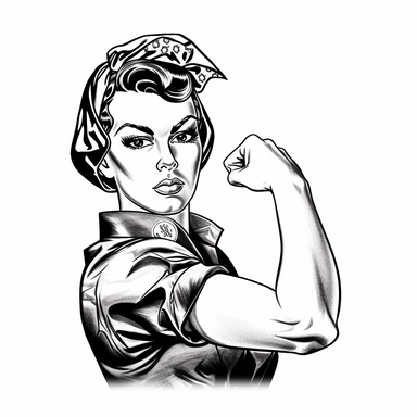 Rosie the Riveter, black and white clipart, perfect fist, no watermarks, vector quality, blank white background, highly detailed