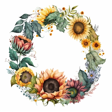 watercolor clipart illustration of a sunflower wreath with other flowers. Use warm, vibrant colors and make the overall style of the illustration cheerful and uplifting