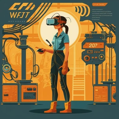 worker wearing vr headset, man, standing in an assembly plant, gauges, coding, vr developer, virtual reality, poster, simplistic, abstract, vector, 2d illustration, clipart, few colors