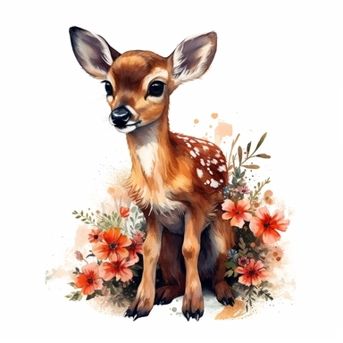 adorable baby deer, full body With Flower Wreaths vibrant colors, red mushroom, outline black, highly detailed, oilpainting clipart white backround