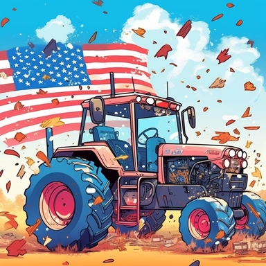 Super cute, American flag with tractor and firework Sublimation Clipart, Cartoon funny, Cute anime, Very detailed, blue sky colorful background