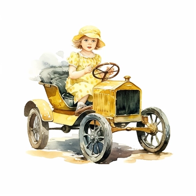 Watercolor Victorian baby girl in driving a yellow ford t car from the era clipart , on a white background, Illustration clipart, 4K, extremely detailed