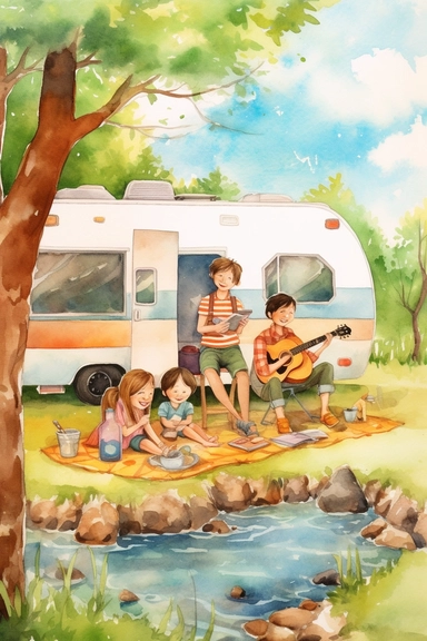 create a hand drawn watercolor clipart depicting families enjoying camping together, engaging in activities like hiking, fishing, or playing games, 4k,