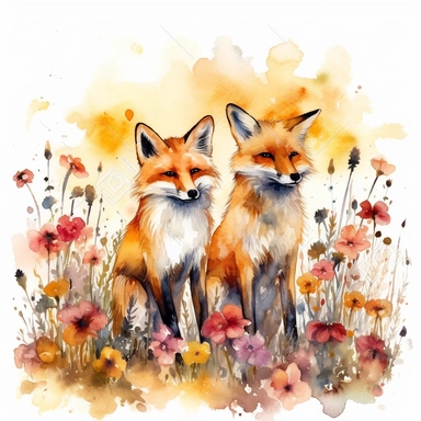 Foxes clipart white background Watercolor: In this dreamy watercolor painting, two foxes stand amidst a field of wildflowers, their fur blending seamlessly with the surrounding hues of yellow, orange, and brown. The brushstrokes are loose and free-flowing, creating a sense of movement and playfulness. The color temperature is warm and inviting, with a slight wash of pink and purple in the sky. The lighting is soft and diffused, casting a warm glow over the entire scene.