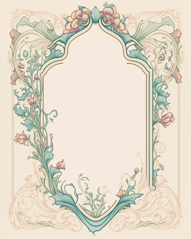 5x7 area of blank space in the center, narrow stationary border and corner around it, lots of room in the center for text, Romantic, Vintage, Art Nouveau, Soft Pastels, Graceful, Ornate, Timeless, in the style of Alphonse Mucha, clean edges, solid background, clipart, isolated