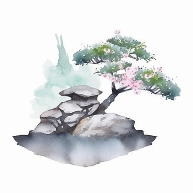 Design a dreamy watercolor clipart of japanese-inspired A minimalist arrangement of rocks, moss, and a single bonsai tree for a calming and contemplative design composition, hand-painted with soft and graceful brushstrokes. Draw inspiration from the artistic finesse of Ethereal Petals Watercolors for a refined and ethereal depiction. isolated on a white background, hand-drawn illustration, hand-painted watercolor texture, 16k UHD resolution, intricately detailed, sharp focal points, designed by 