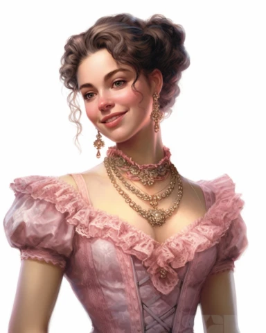 detailed smiling beautiful lady , dressed in a pink victorian vintage dress with necklace, hyper realistic, 8k, isolated on white backgorund, clipart