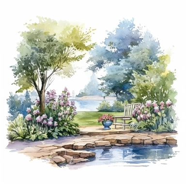 Watercolor, a lakeside courtyard in bloom, clipart on white background.