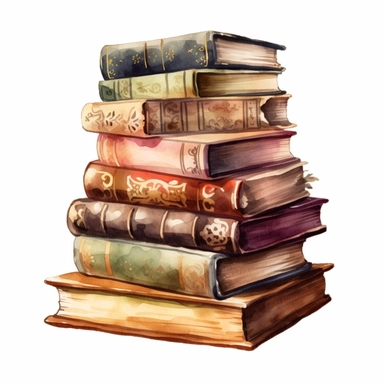a watercolor of a realistic library stacked books, victorian style, vector free clipart illustration, in the style of unreal engine 5, 32k uhd, detailed features, white background