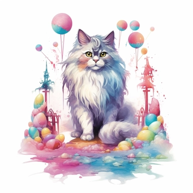Fairytale style beautifull over realistic cat in the candyland with watercolor effect,candyland scene,candies,fantasy style,vibrant colors,suitable for digital clipart,white background