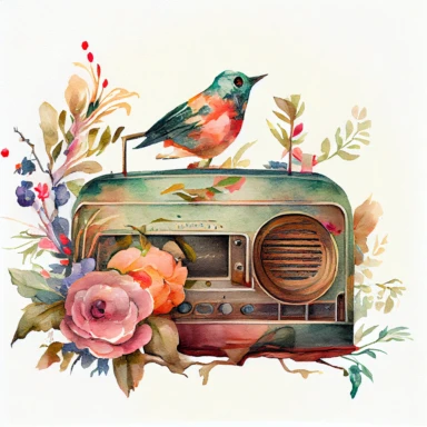 Vintage old radio ( a little floral, bird on radio) watercolor clipart