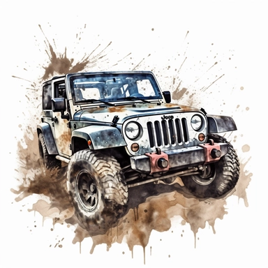 Realistic illustration of a 4 door rubicon Jeep wrangler 2013, silver body with black top, driving up a muddy hill, watercolor style, clipart style on white background, 8k, hyper realistic paint with splashes