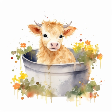 watercolor clipart of a cute highland white cattle calf with black eyes sitting wet in a tub filled with water and flowers, happy, smiling, sunny and warm day, hand drawn style, white background