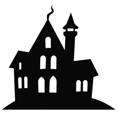 black and white silhouette of a haunted house icon, clipart style, white background, thick lines, vector, simple design, flat colour, solid colour, halloweencore, from a distant perspective