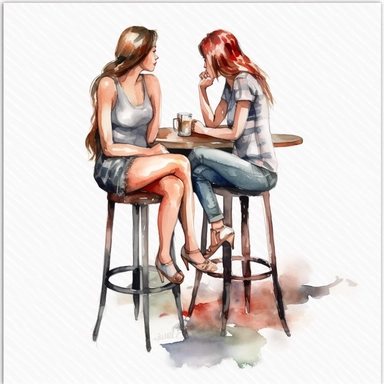clipart, watercolor, two girlfriends sitting on barstools talking, each holding a drink in one hand, white background