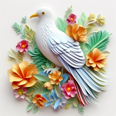 colour 3D white bird clipart, in the style of modern color palettes, cute and dreamy, heavy shading, colorful storytelling, modern style, colour flower background