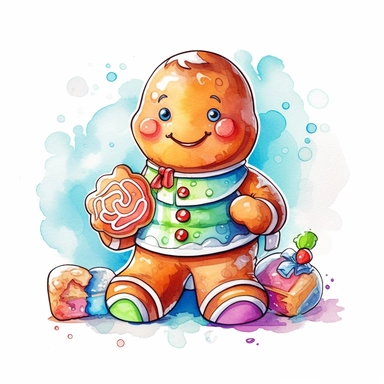 Gingerbread Man hold Candy style by Lucy Fleming, watercolor, smooth gradients, black contour outline, ultra detailed, clipart elements, delicate pastel colors, solid white background, super clear, high quality