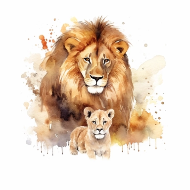 watercolour clipart, loin and baby lion, rich earth tones, sublimations