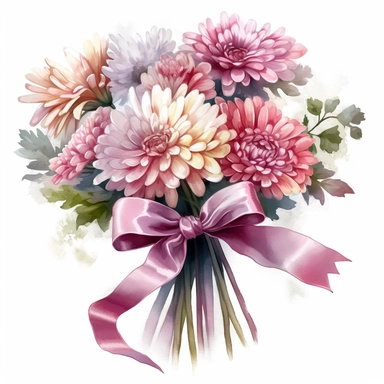 beautiful, bright colors, [Chrysanthemum floral bouquet] with a pink tied bow ribbon, watercolor, clipart,cinematic, dramatic, realistic, very detailed, white background, clipart, medium image size ,