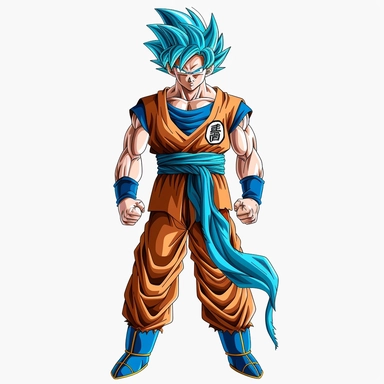 goku stood up, full body, serious face, super saiyan blue, white back ground, clipart