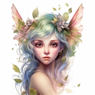 Enigmatic Fairy with an enigmatic aura, highly detailed face, and a mysterious expression, Use dreamlike lighting with soft sunlight falling on the subject’s face and deep colorful hair, to create an ultra-realistic image that captures the subject’s natural beauty and personality, clipart on white background
