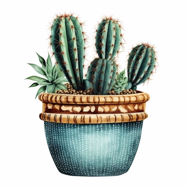 hd, clipart, realistic,A cactus plant in a pot with a southwestern mudcloth design, on white background--s 250