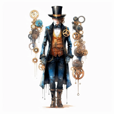 steampunk victorian prototype, full body, watercolor, gears, pinions, calipers, clocks, rivets, top hat, clipart, duo tone, realistic, ultra resolution, vivid detail, 8k, minimal watercolors, white background